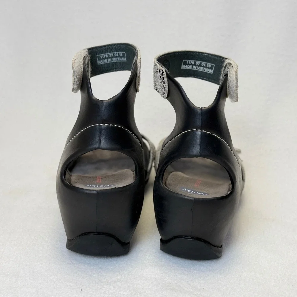 Wolky Do Black Wedge Sandals Ankle Strap Geometric Print Womens 37 6.5-7